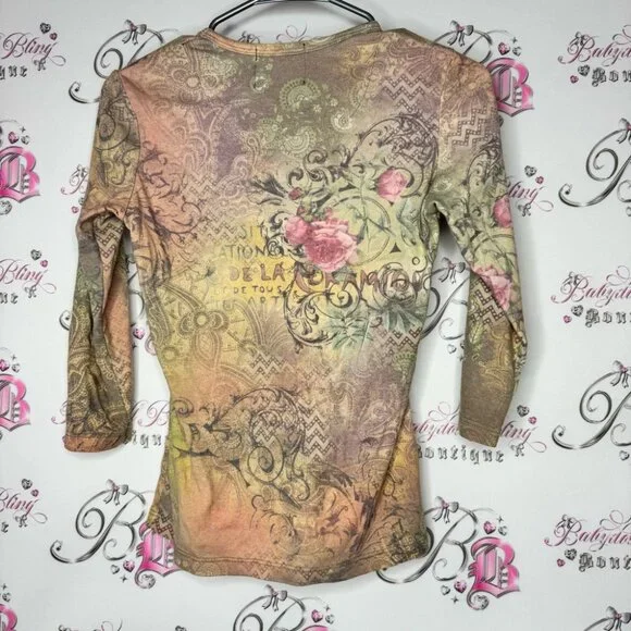 Vintage blues clothing tattoo newspaper 🗞️ style top bling rhinestone studs 🌹 - Picture 2 of 11